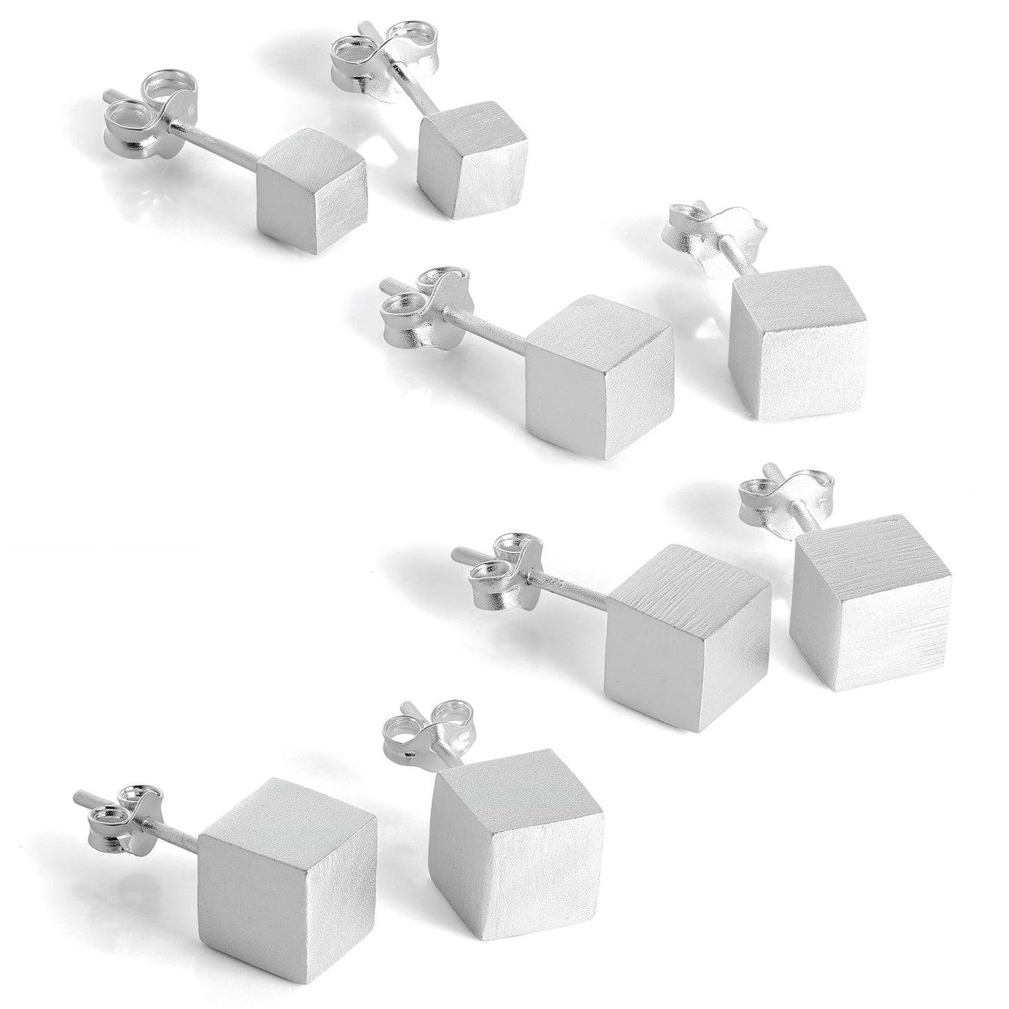 Brushed Sterling Silver Cube Stud Earrings 4mm - 7mm