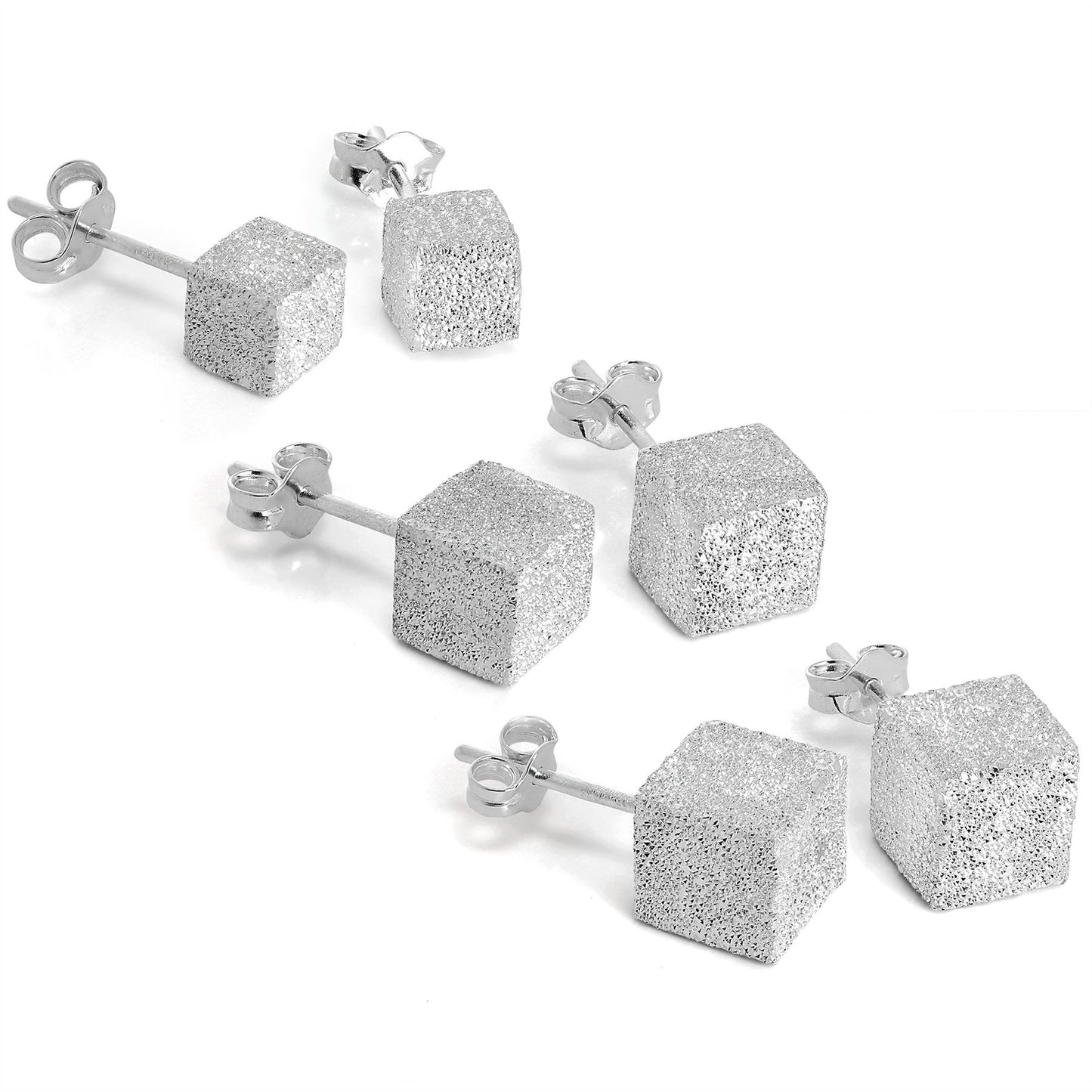 Frosted Sterling Silver Cube Stud Earrings 5mm - 7mm