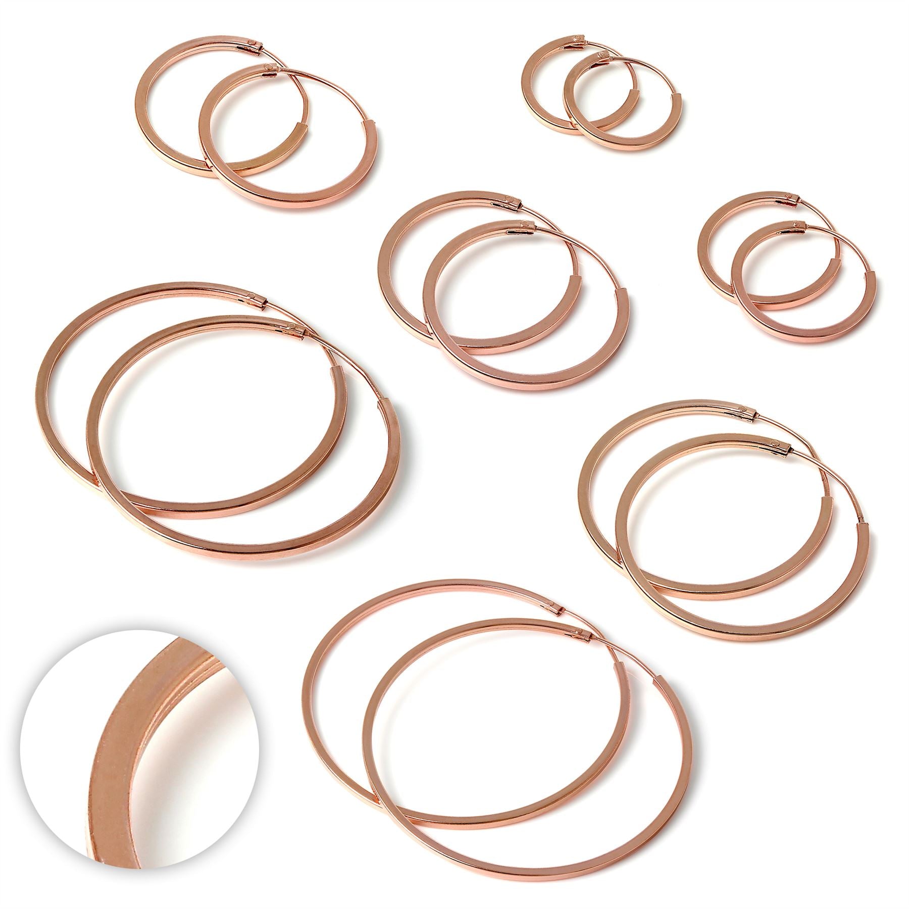 Rose Gold Sterling Silver 1mm Square Sleeper Hoop Earrings 12mm - 40mm