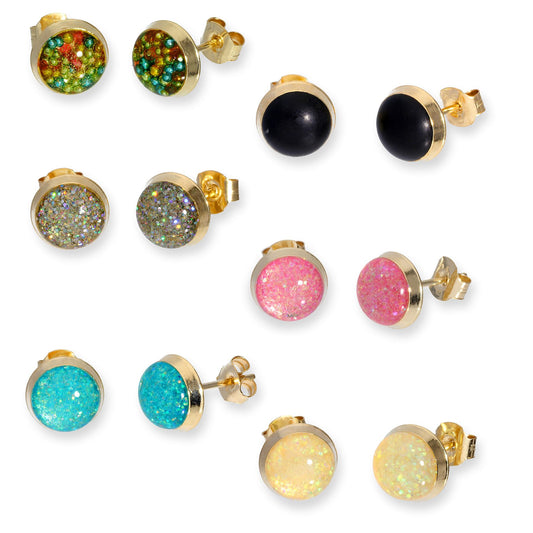 9ct Gold & Glitter Enamel Round Stud Earrings in 6 Colours