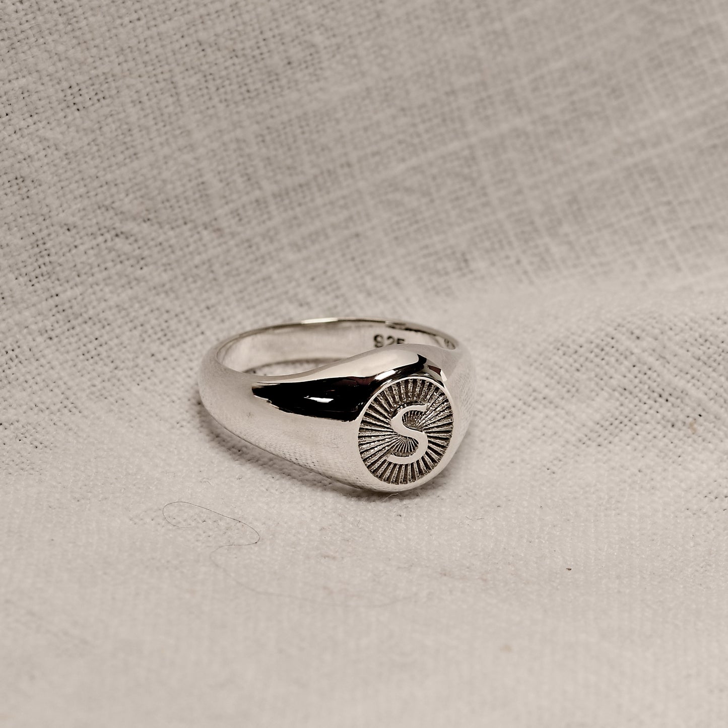 Personalised Sterling Silver Round Starburst Initial Signet Ring Size J - Z+1