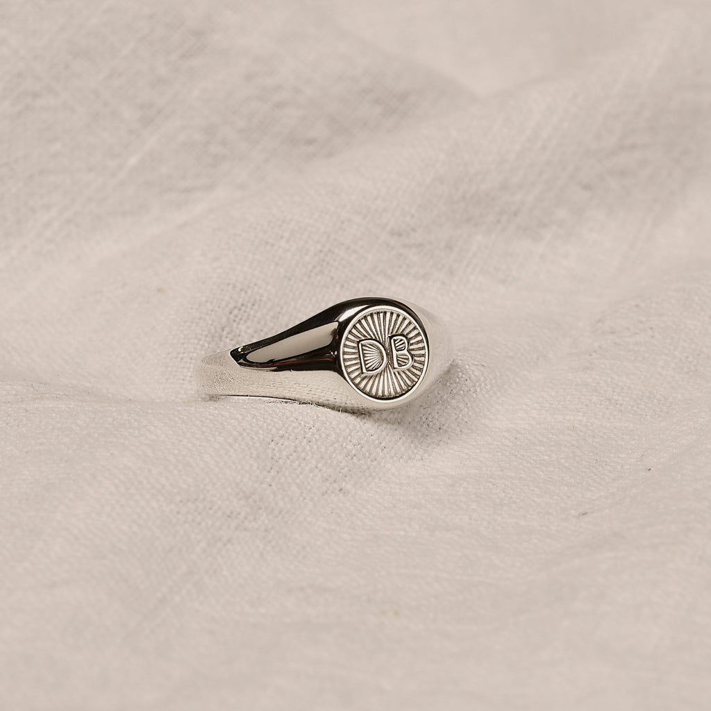 Personalised Sterling Silver Round Starburst Initial Signet Ring Size J - Z+1