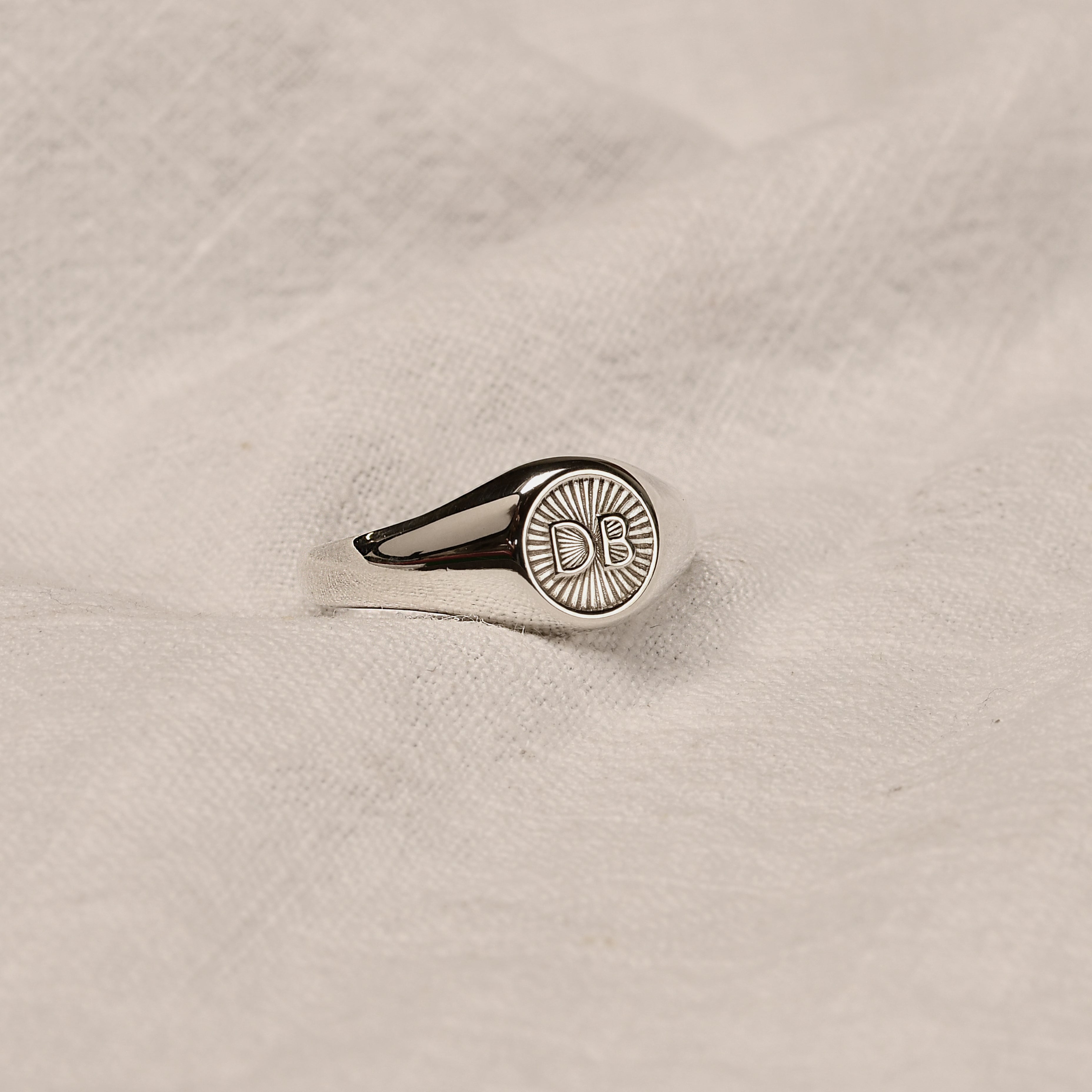 Personalised Sterling Silver Round Starburst Initial Signet Ring Size J - Z+1