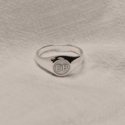Personalised Sterling Silver Round Starburst Initial Signet Ring Size J - Z+1