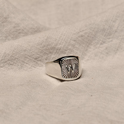 Personalised Sterling Silver Square Starburst Initial Signet Ring Size M - Z+1