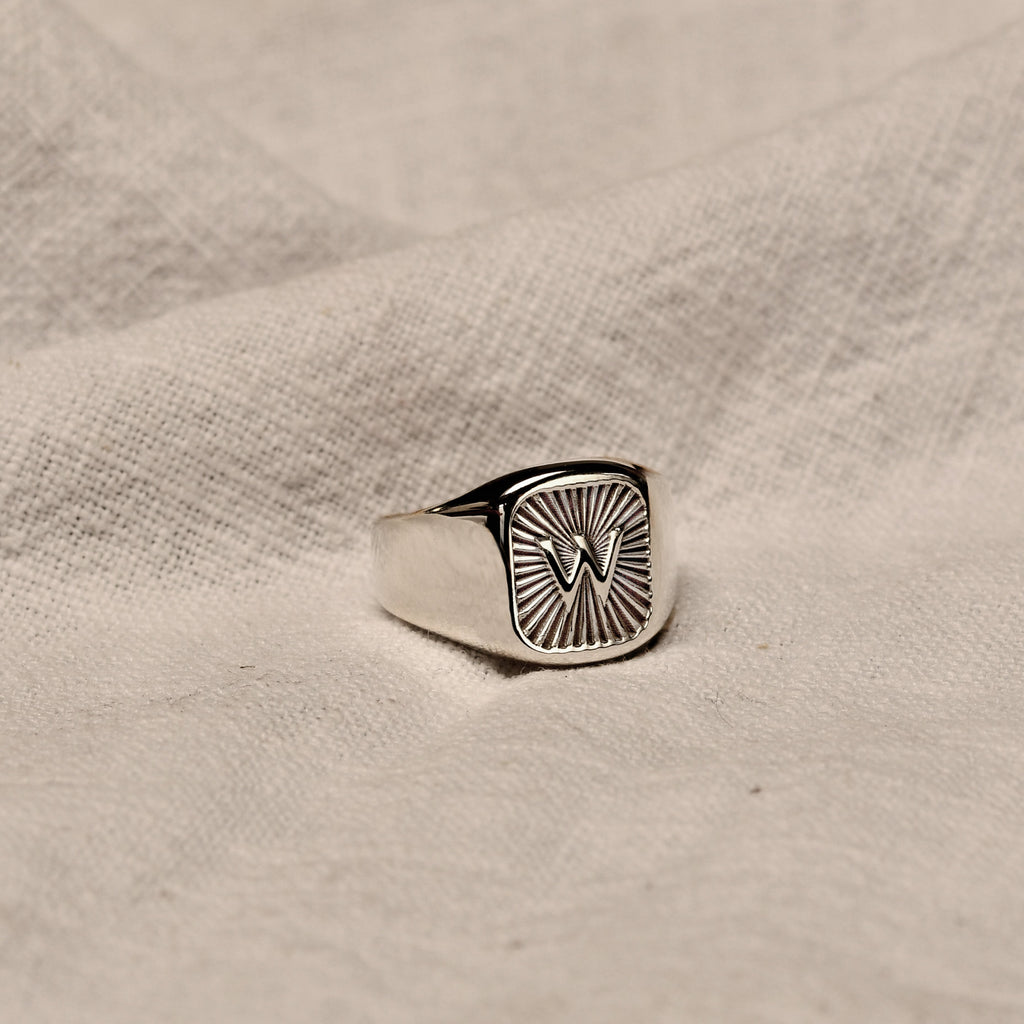 Personalised Sterling Silver Square Starburst Initial Signet Ring Size M - Z+1