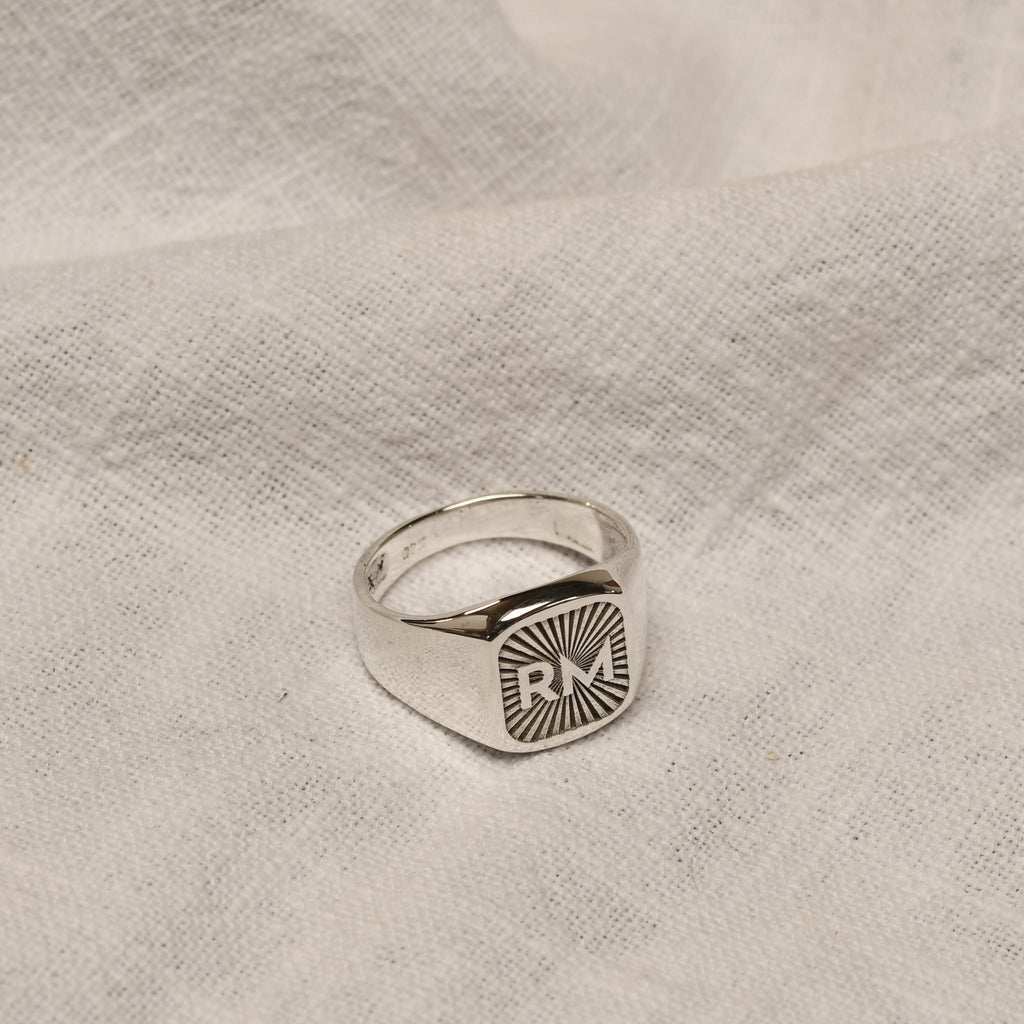 Personalised Sterling Silver Square Starburst Initial Signet Ring Size M - Z+1