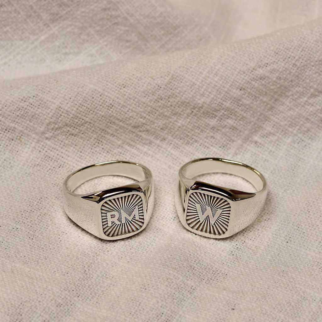 Personalised Sterling Silver Square Starburst Initial Signet Ring Size M - Z+1