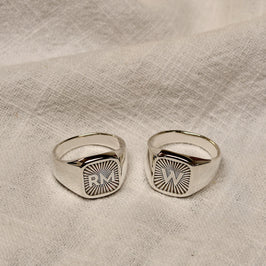 Personalised Sterling Silver Square Starburst Initial Signet Ring Size M - Z+1