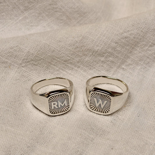 Personalised Sterling Silver Square Starburst Initial Signet Ring Size M - Z+1