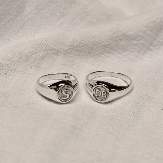 Personalised Sterling Silver Round Starburst Initial Signet Ring Size J - Z+1