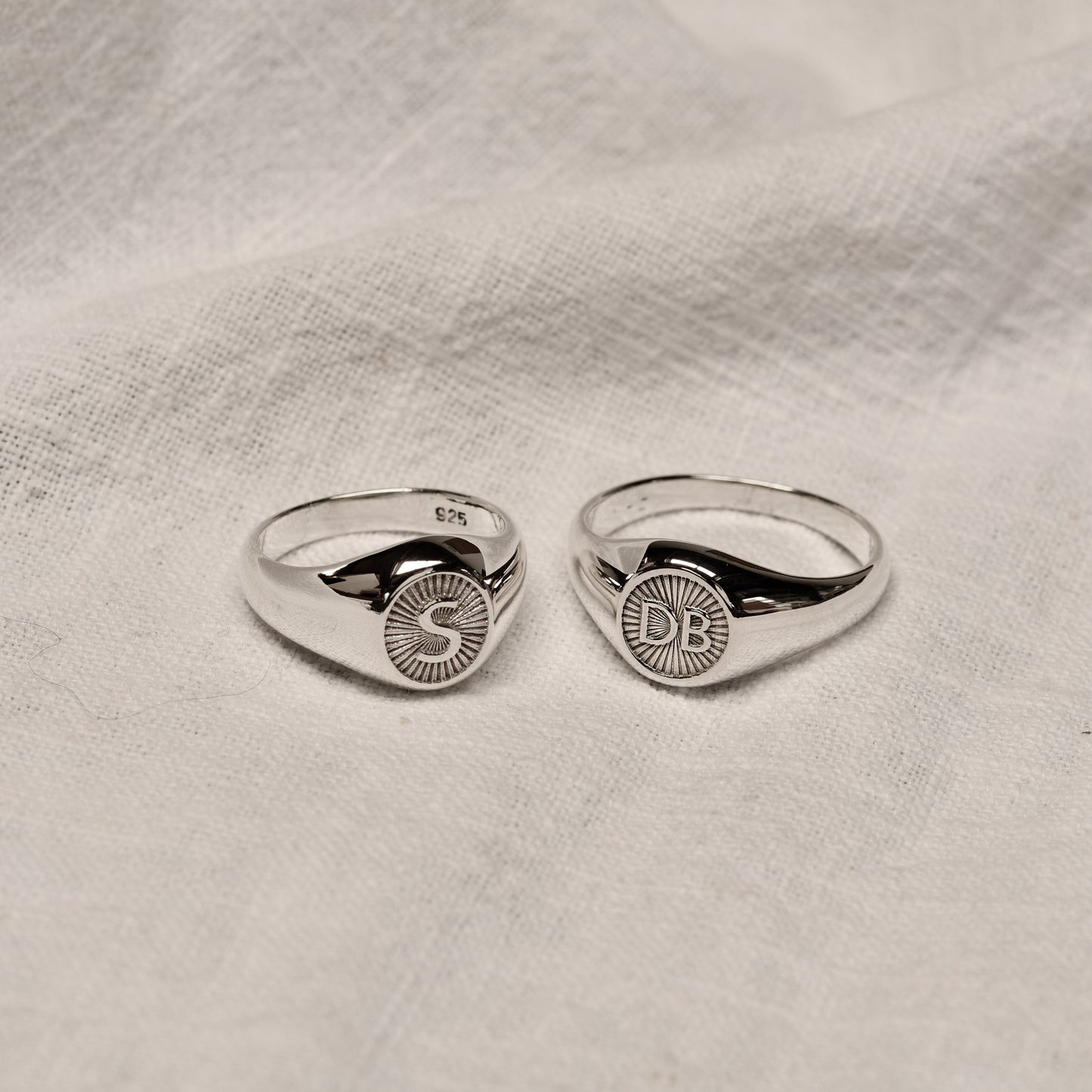 Personalised Sterling Silver Round Starburst Initial Signet Ring Size J - Z+1