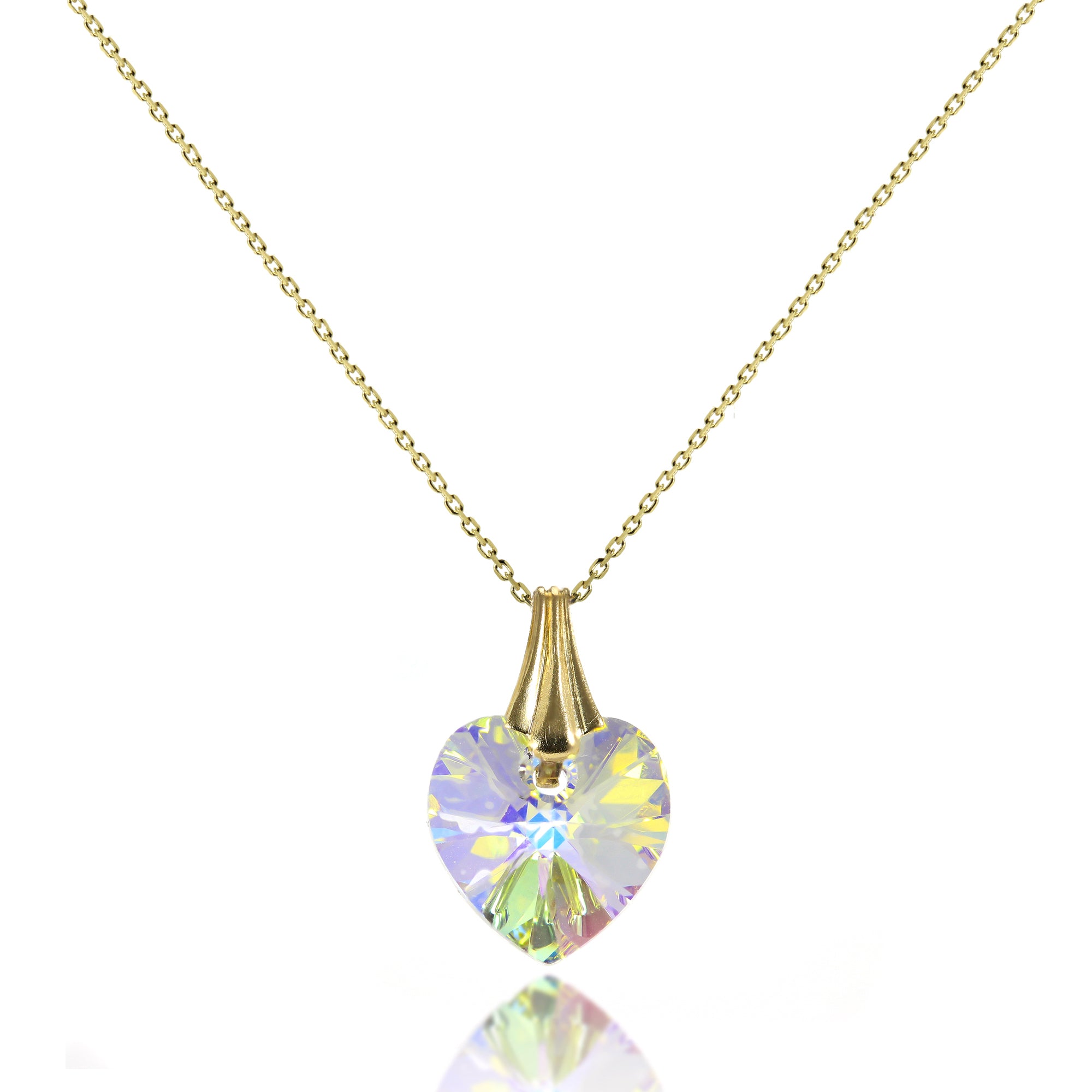 9ct Gold & Aurora Borealis CZ Crystal Heart Pendant / Necklace