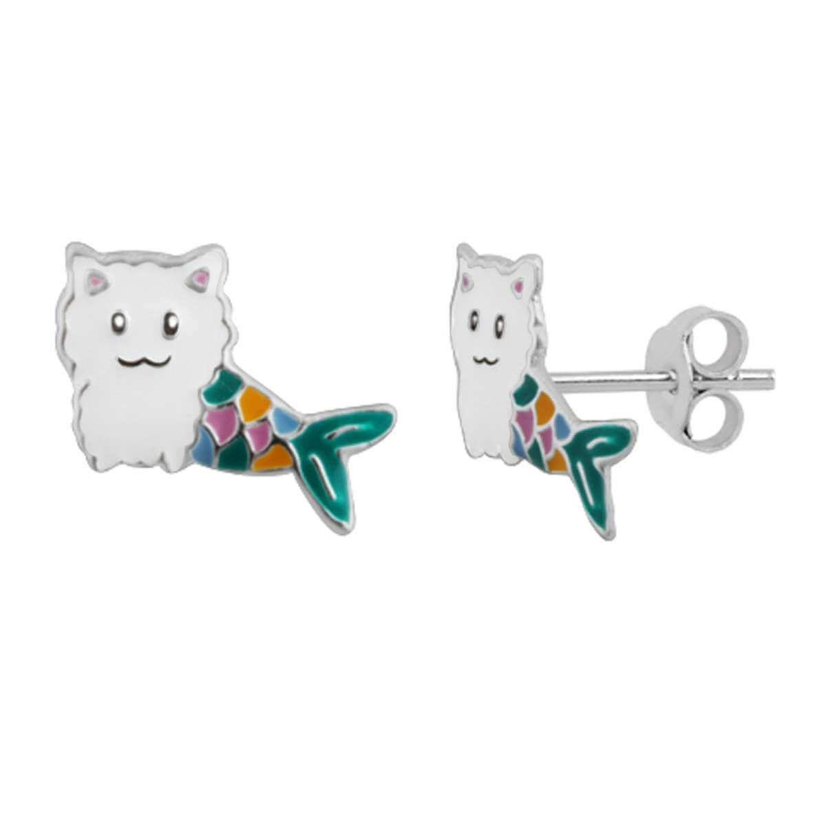 Sterling Silver Cat Mermaid Rainbow Tail Enamel Stud Earrings