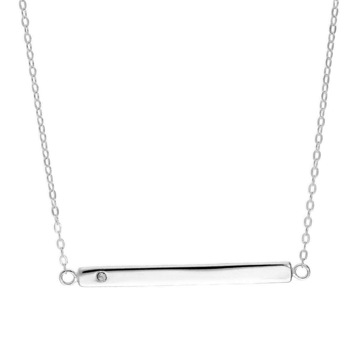 Sterling Silver & Clear CZ Crystal Engravable Bar Necklace on 18 Inch Chain